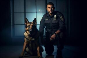 policeman with his german shepard with Generative AI photo