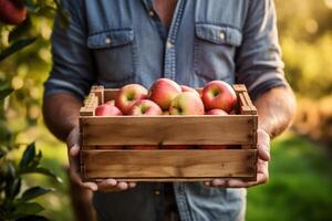 happy young country male farmer holding apple wooden box to carry in orchard with Generative AI photo