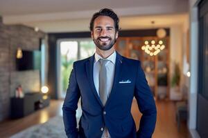 smiling male Real Estate Agent in a suit stands in new home with photo