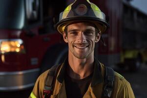 un sonriente masculino bombero en frente de el fuego camión con generativo ai foto