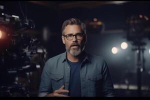director speaks on the set of a movie production with photo