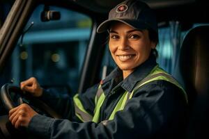 un sonriente hembra camión conductor a el rueda de un camión con generativo ai foto