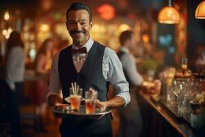un contento masculino camarero participación bandeja con un cóctel con generativo ai foto