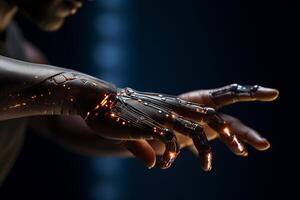 a person is using an artificial hand on their computer with photo