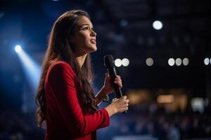 young woman giving a talk at a conference in a bright stage with photo