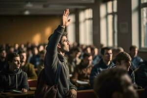 un masculino estudiante levantamiento manos a un conferencia teatro con generativo ai foto