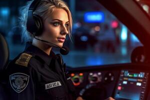 female police officer speaking on the radio with police car behind her with Generative AI photo