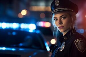 female police officer speaking on the radio with police car behind her with Generative AI photo