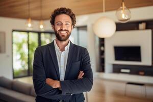 sonriente masculino real inmuebles agente en un traje soportes en nuevo hogar con generativo ai foto