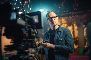 director speaks on the set of a movie production with photo