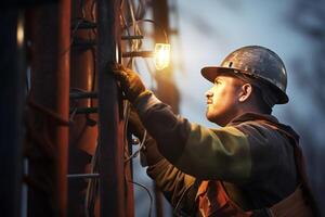 a electrician fixing power pole with photo