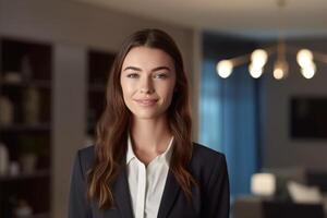 smiling female Real Estate Agent in a suit stands in new home with Generative AI photo