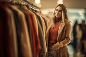 un contento mujer mirando Moda y elegir ellos en un moderno compras Tienda con generativo ai foto