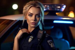 female police officer speaking on the radio with police car behind her with photo