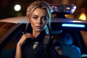 female police officer speaking on the radio with police car behind her with Generative AI photo