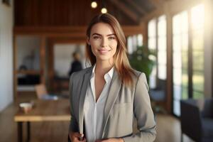 smiling female Real Estate Agent in a suit stands in new home with Generative AI photo