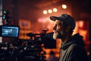 director speaks on the set of a movie production with photo