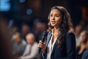 young woman giving a talk at a conference in a bright stage with photo