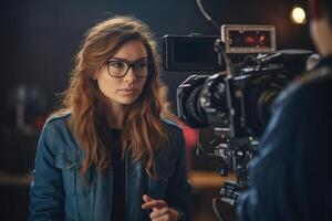 female director speaks on the set of a movie production with photo
