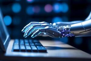 a person is using an artificial hand on their computer with photo