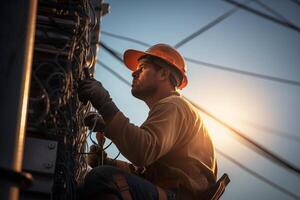 a electrician fixing power pole with photo