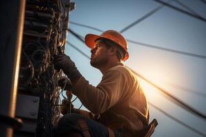 a electrician fixing power pole with Generative AI photo