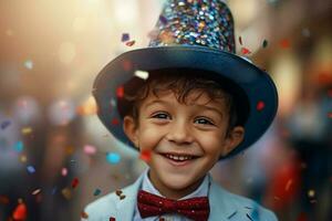 young boy smiling in party hat and holding a confetti with Generative AI photo