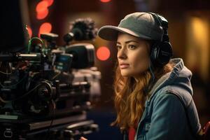 female director speaks on the set of a movie production with photo