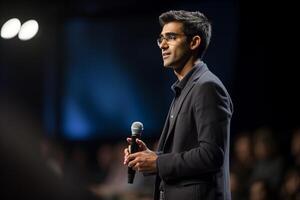 young man giving a talk at a conference in a bright stage with photo