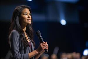 young woman giving a talk at a conference in a bright stage with photo