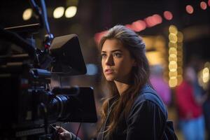 female director speaks on the set of a movie production with photo