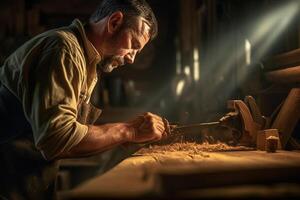 carpenter using a saw on wood in the workshop with photo