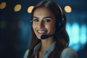 smiling female call center operator working in an office with Generative AI photo