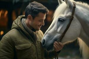 a young happy man touching a horse with Generative AI photo