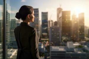 mujer de negocios mirando fuera dentro ciudad horizonte con generativo ai foto