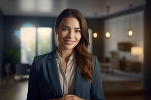 smiling female Real Estate Agent in a suit stands in new home with Generative AI photo