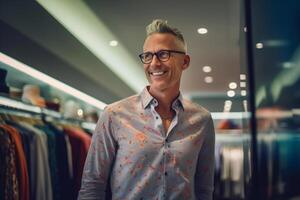 un contento hombre mirando Moda y elegir ellos en un moderno compras Tienda con generativo ai foto