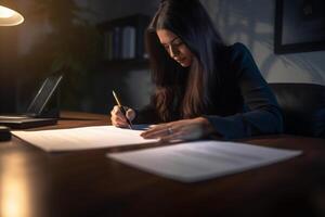 businesswoman signing her document with Generative AI photo