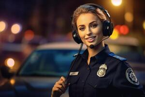 female police officer speaking on the radio with police car behind her with Generative AI photo