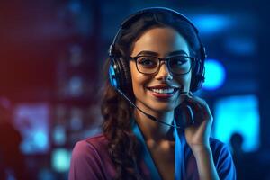 smiling female call center operator working in an office with Generative AI photo