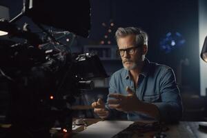 director speaks on the set of a movie production with photo