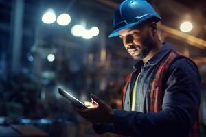 engineer man using digital tablet in factory with photo