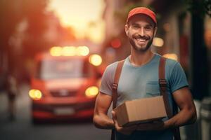 smiling delivery man is holding a package outside a delivery van with Generative AI photo