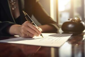 businesswoman signing her document with Generative AI photo