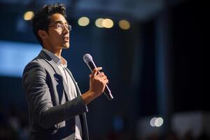 young man giving a talk at a conference in a bright stage with photo