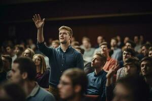 un masculino estudiante levantamiento manos a un conferencia teatro con generativo ai foto