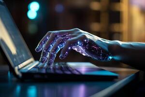 a person is using an artificial hand on their computer with photo