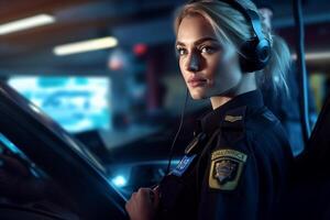 female police officer speaking on the radio with police car behind her with photo