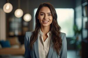smiling female Real Estate Agent in a suit stands in new home with photo
