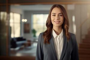 smiling female Real Estate Agent in a suit stands in new home with Generative AI photo